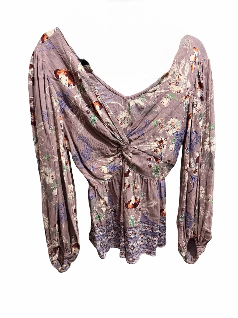 Angie Lavender Floral Twist-Front Peasant Blouse